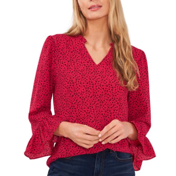 CECE Rose Cerise Floral Party Pink Flower Pattern V-Neck Crepe Blouse Women's L - Picture 7 of 7